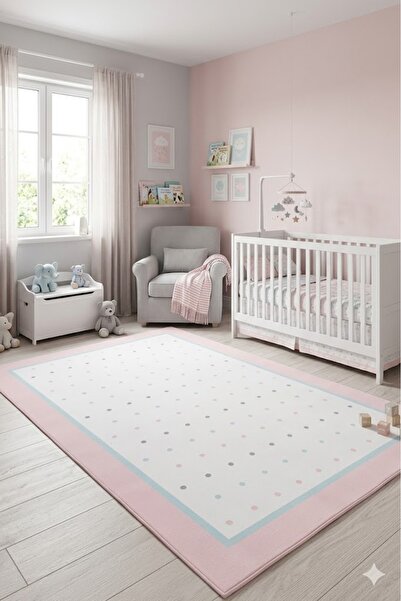 NORELLA HOME Puantiyeli Çocuk Halısı Kaymaz Taban Yıkanabilir Pastel Renkli Modern Çocuk Odası Halısı