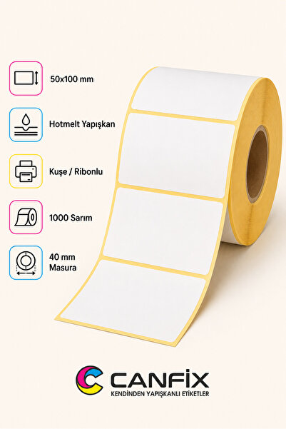 Canfix 100x50 mm Kuşe Barkod Etiketi 1000 Adet Ribonlu
