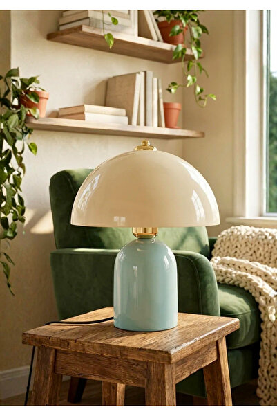 HOMİNG Seaside Seramik&Metal Abajur Soft Mavi Krem Gold Detaylı