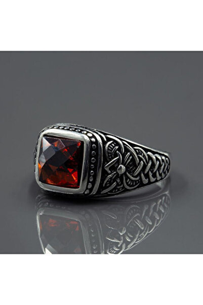 Mercan Silver 925 Ayar Gümüş Kare Garnet Taşlı Erkek Yüzük