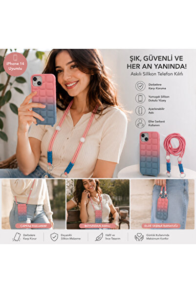 Nettech iPhone 14 Askılı Silikon Kılıf Boyun Askılı Telefon Kılıfı