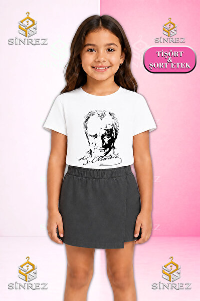 SİNREZ Girl's Set Ataturk Signed Black Printed Short Sleeve T-Shirt Shorts Skirt