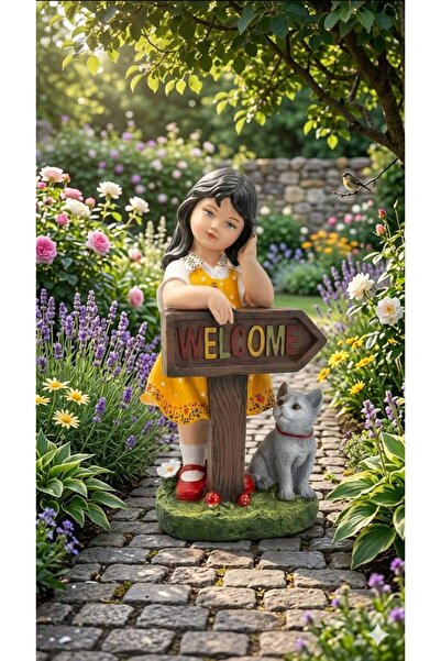 Dekoromi Dekoratif Welcome Kız Heykeli Biblo Hoşgeldiniz 3D El Boyaması Figür...