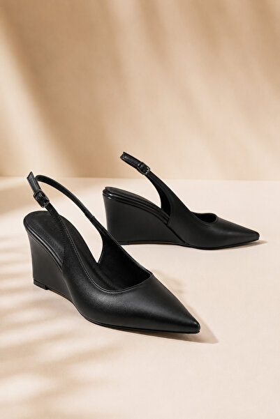 Women Lay-z Women's Black Leather Pointed Toe 9 cm Wedge Heel Elegant Shoes w...