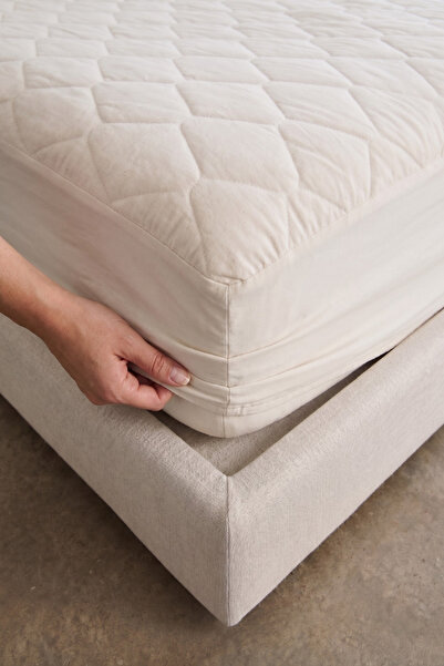 Nart Home Yatak Alezi Pamuklu Kapitone Fitted Full Kenar Sıvı Geçirmez Yatak Koruyucu Ekru