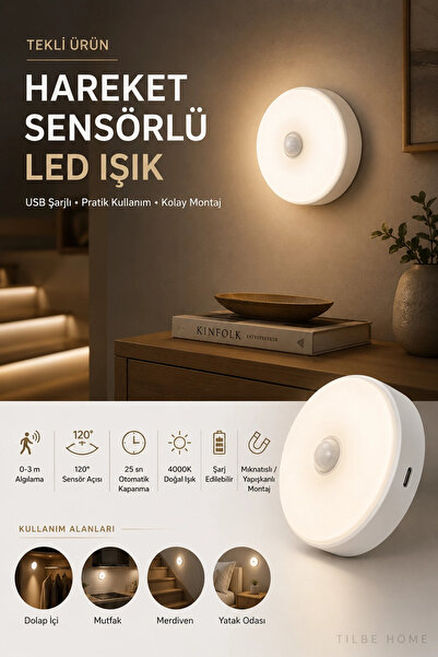 Tilbe Home Hareket Sensörlü USB Şarjlı LED Lamba Kablosuz Dolap Mutfak Merdiv...