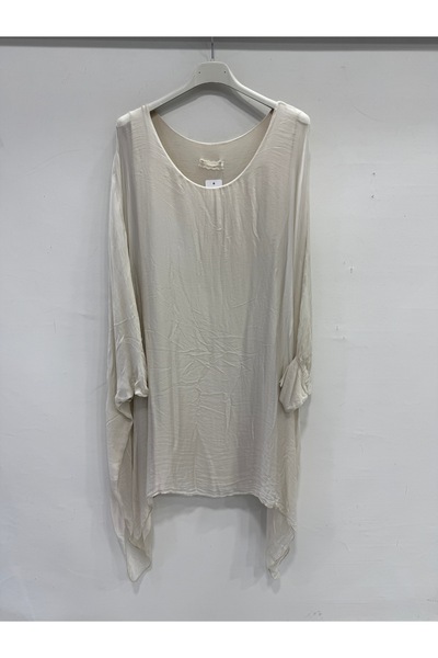 della moor Beige Italian Bat Sleeve Lined Long Silk Tunic Blouse 40 - 46 Size