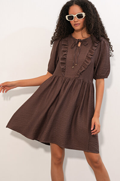 Bigdart Women's Tie Collar Short Sleeve Gathered Dress 2600 - Brown