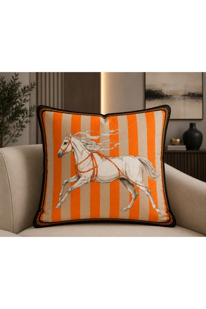 stellahomes Orange Horse Patterned Runner and Throw Pillow Set Digital Printed Luxury Decorative Pillow Set