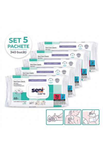 Seni Set 5 x Șervețele Umede pentru Adulți Care Classic, Dimensiune XL 20x25 ...