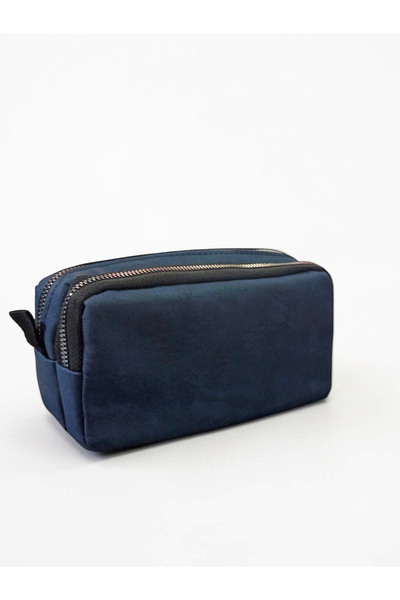 Limmy Navy Blue Pencil Case Vegan Leather Large Volume Two Compartment Pen Ho...