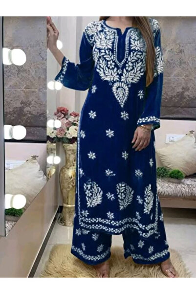 MYSMAR Dark Blue Rayon Cotton Chikankari Kurti Set with Palazzo - TRNF8105 | ...