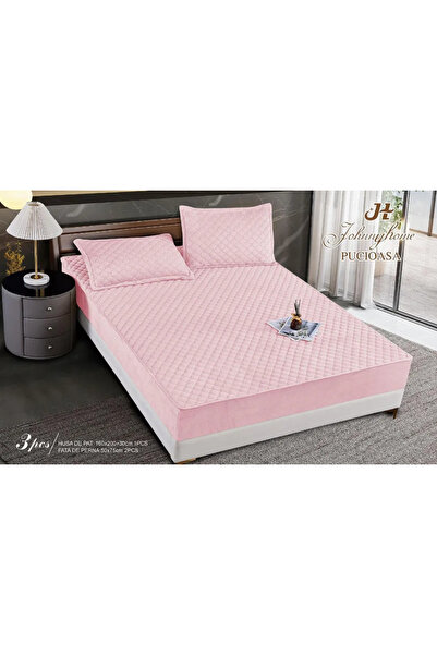 Pucioasa Topper-style fitted cover with elastic, velvet, 160x200, pink with q...