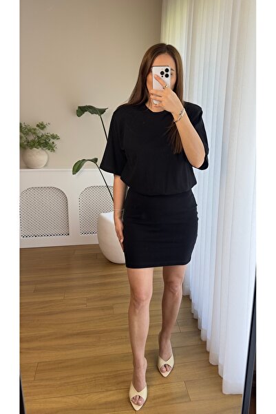 Butikrenginyılmaz Premium Vatkalı Kısa Kollu Mini Penye Tshirt Elbise