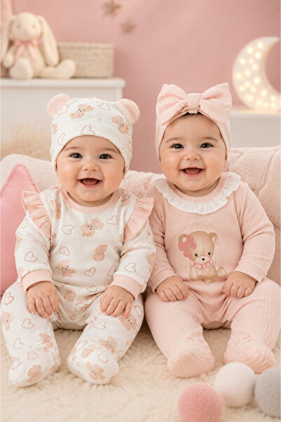 My Babies Label Light Pink Teddy Bear Patterned 2-Piece Cotton Baby Girl Romp...