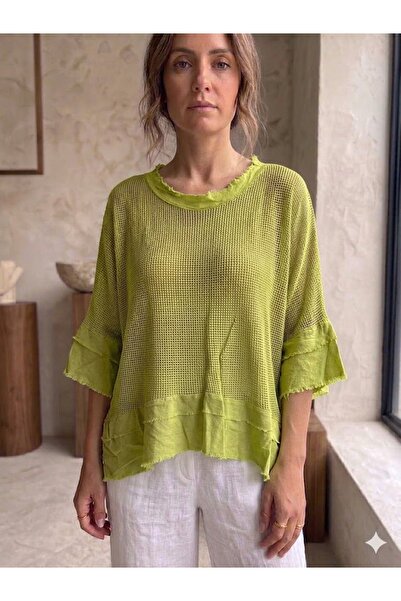 AYASOFYA OTANTIK Women's Italian Oil Green Fringe Detailed Mesh Blouse