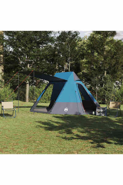 vidaxl Cort de Camping cu acoperis albastru 482 x 360 x 227 cm tafta