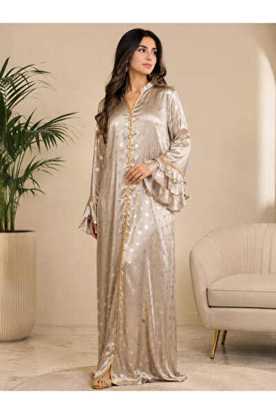 Libas lab -Champagne Gold Foil Printed Satin Maxi Dress with Layered Sleeves