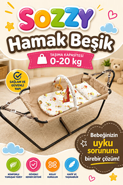 Sozzy Premium Çıngıraklı Bebek Hamağı Pamuklu yastık ve minderli Sallanır Ham...