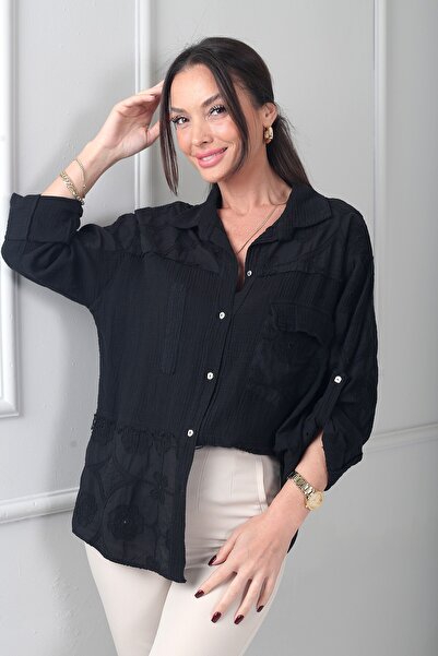 By Saygı Women's Italian Single Pocket Floral Embroidered Cotton Shirt