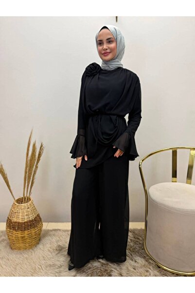 JOOQSTORE Rose Brooch Detailed Suit with Flounced Sleeves