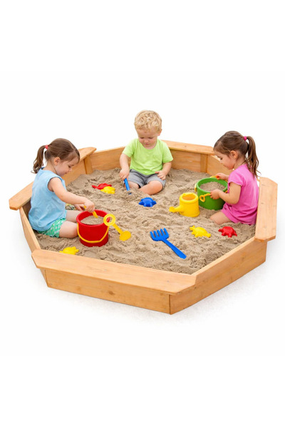 GINGER HOME Nisipar din lemn pentru copii Octogonal 134.5x134.5 cm cu 4 bancu...