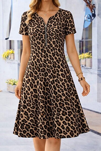 MODAVERA Women's Short Sleeve Collar Zipper Detailed Leopard Patterned Midi S...