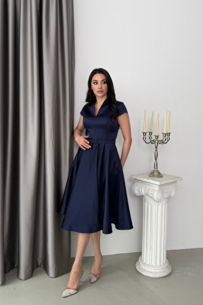 Serica Moda Rochie de seară midi, albastru marin, cu decolteu în V, cu curea ...