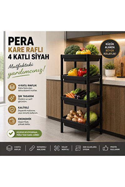 PRATİKORA PERA KARE RAFLIK 4 KATLI SİYAH