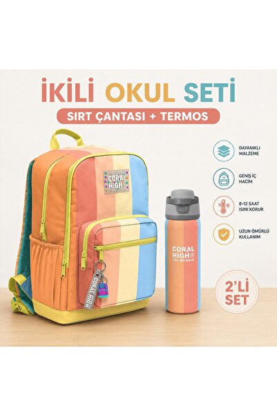 Coral High Colorful Striped Four-Compartment Backpack 23680+ Steel Thermos 80...