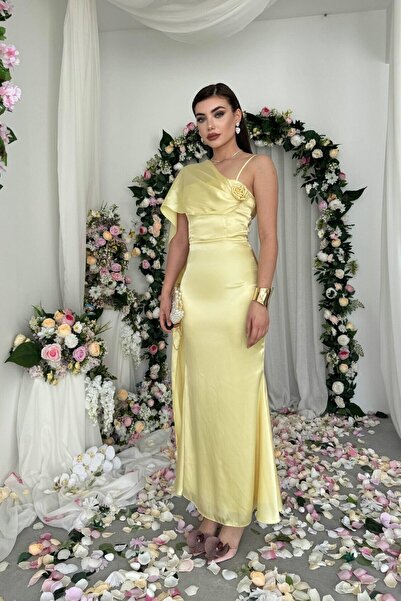 Caddebostan Moda One Shoulder Satin Evening Dress with Collar Sash Detail Gra...