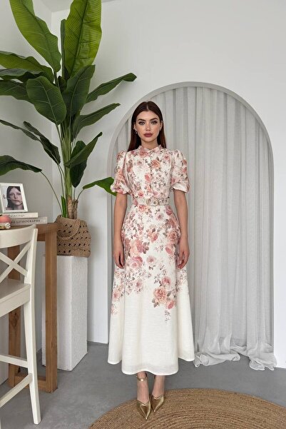 Caddebostan Moda Floral Patterned Belt Detailed Buttoned Balloon Sleeve Midi ...