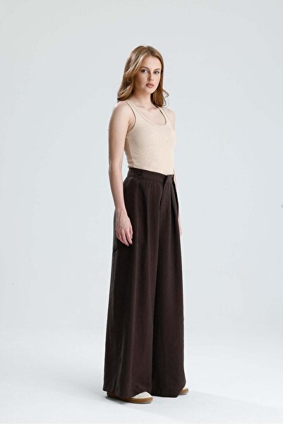 minaaise Women's Brown Pleated Pallazzo Premium Fabric Trousers 31107