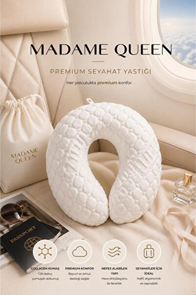 MADAME QUEEN Premium Visco Seyahat Yastığı Kolajen Kumaş Ortopedik Boyun Dest...