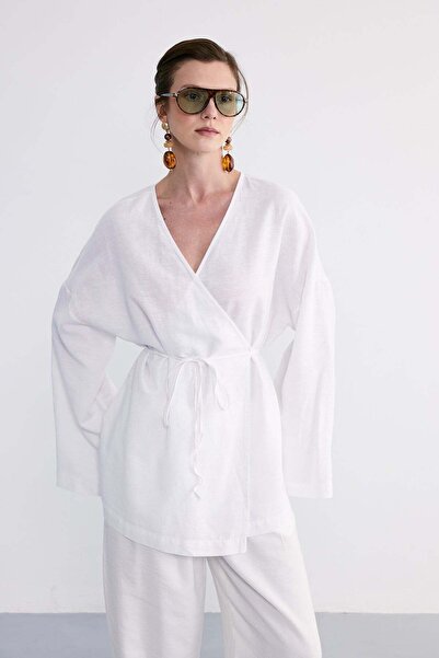 FACETTE Kimono din bumbac Terra, alb, cu legături