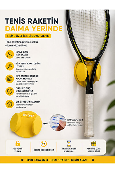 ENC Tasarım Kişiye Özel İsimli Tenis Raketi Duvar Askılığı – Çift Taraflı Ban...