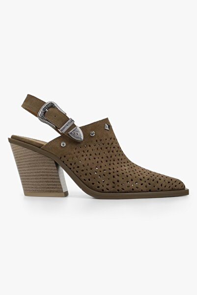 Shoeberry Women's Ola Mink Suede Buckle Heeled Shoes