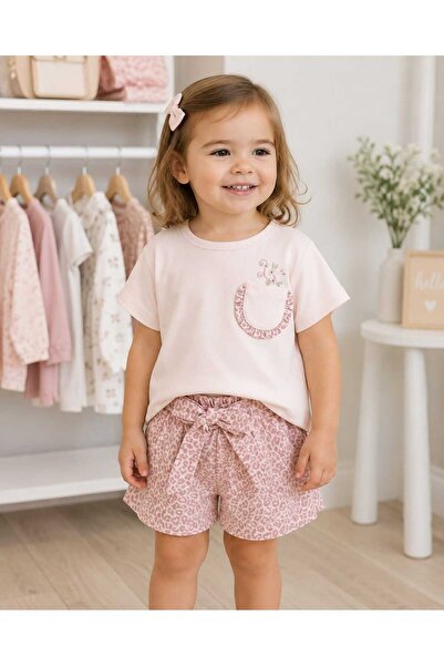 kidsense Girl's Leopard Patterned Shorts and T-Shirt Set