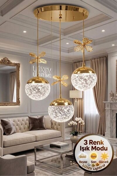 Lüxev Lighting Güneş Model 3'lü Gold 3 Renk Modu Ledli Kristal Taşlı Modern S...