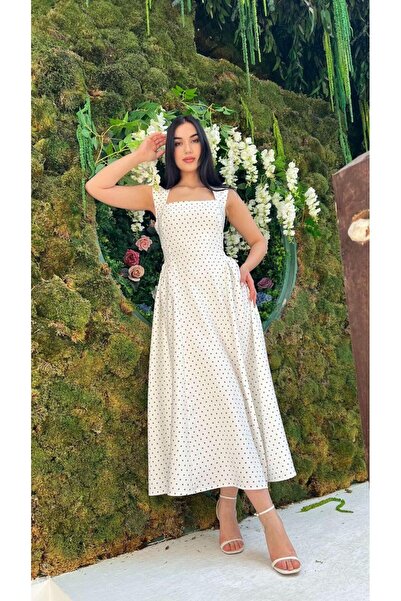 Moda Banuş Thick Straps and Ruffles - White Polka Dot Dress with Lace-Up Back