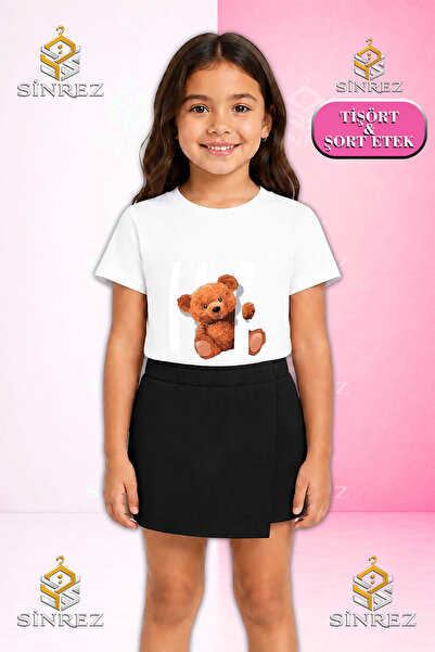 SİNREZ Girl's Set Hi Bear Printed Short Sleeve T-Shirt Shorts Skirt