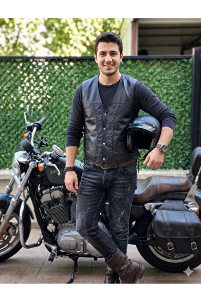 Savran Deri Punto Detailed Genuine Leather Biker Vest with Drawstrings on the...