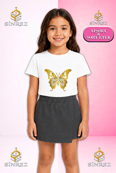 SİNREZ Girl's Set Butterfly Gold Color Printed Short Sleeve T-Shirt Shorts Skirt