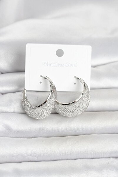 İsmiyle Al 316L Steel Silver Color Crystal Stone Detailed Hoop Women's Earrings