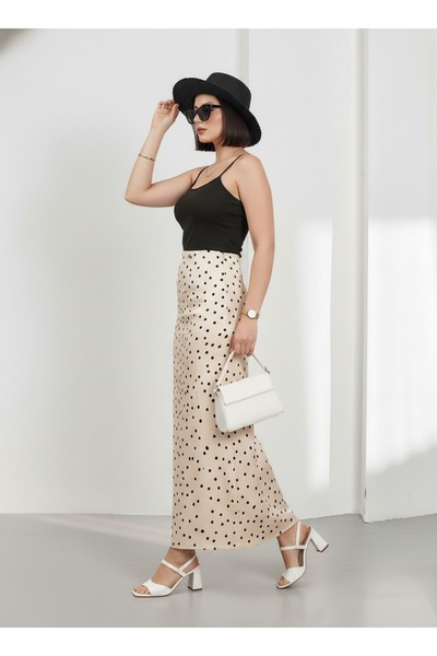 Hisleria Elastic Waist and Zippered Polka Dot Pattern Viscose Satin Fabric Long Skirt - Beige Base