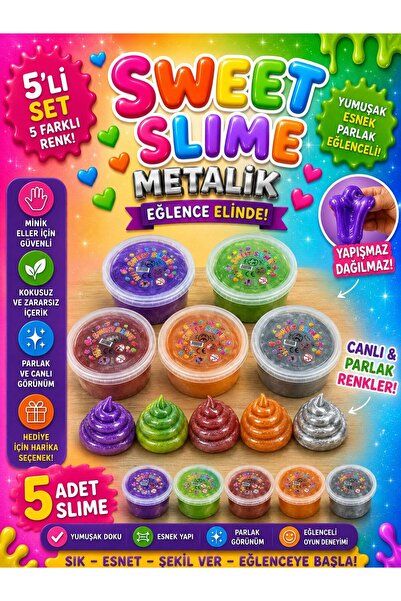 ümit toys Sweet Slime Metalik 5’li Set – Parlak Şeffaf Yumuşak Esnek Slime Oy...