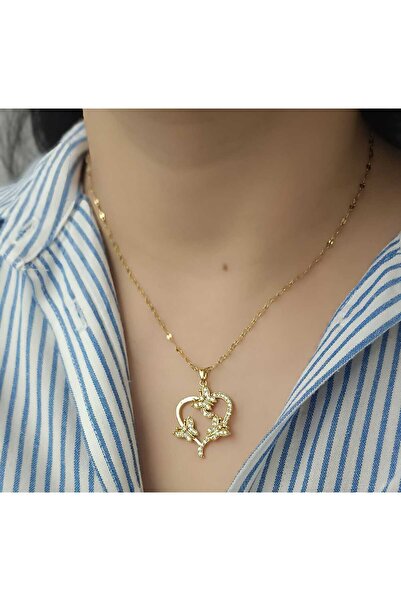 shop 316L Steel Zircon Stone Butterfly Detailed Heart Pendant Gold Color Wome...