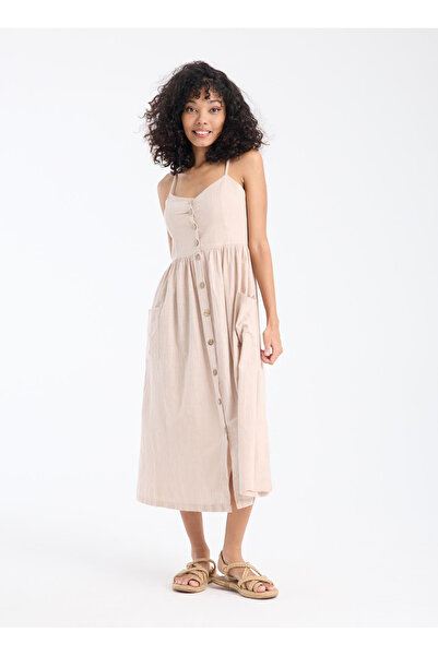 White By Nature Bej Kadın V Yaka Normal Fit Elbise 311348BJ
