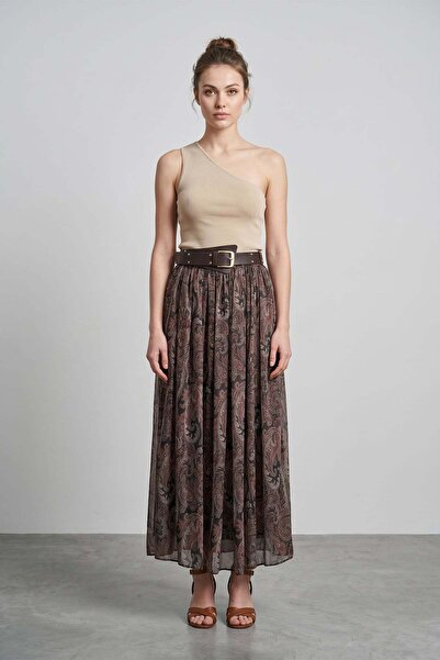 Fulla Moda Belted Ethnic Patterned Maxi Length Chiffon Skirt