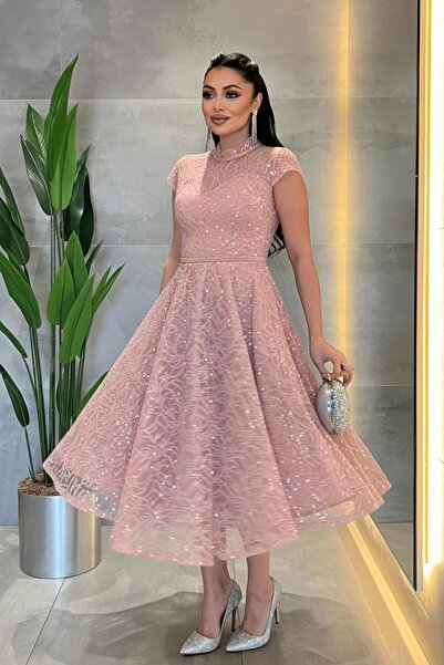 giyimmasalı Dantel Payet Kumaş Midi Elbise - PUDRA